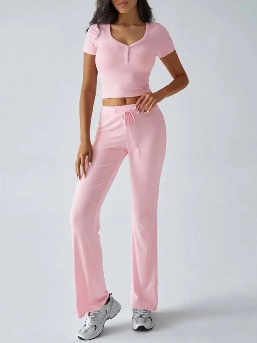 Chic Two-Piece Short Sleeve Top and Drawstring Pants Set - Love Salve